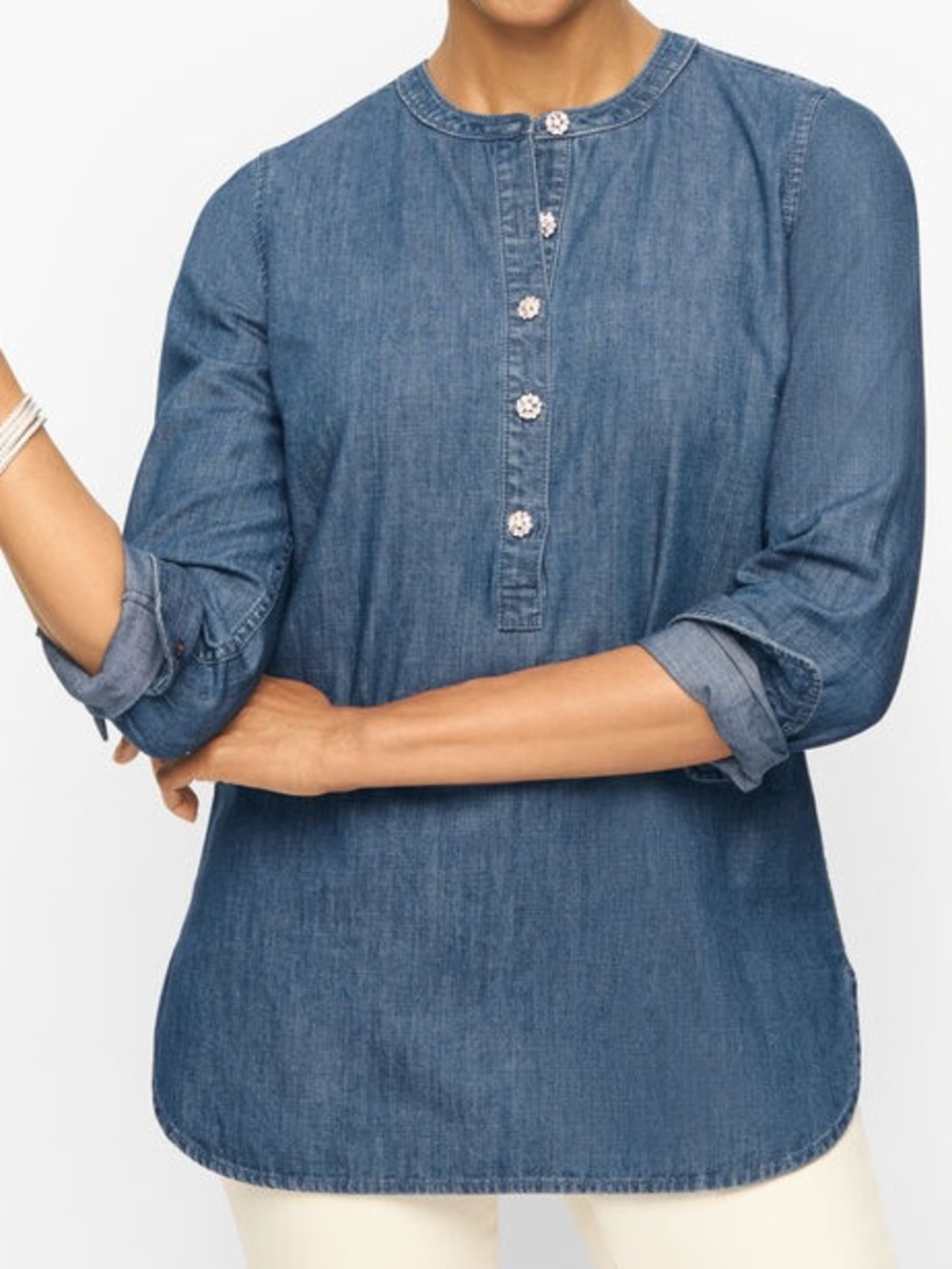 Talbots Embellished Everyday Denim Popover Top Women’s Size M Rhinestone Buttons